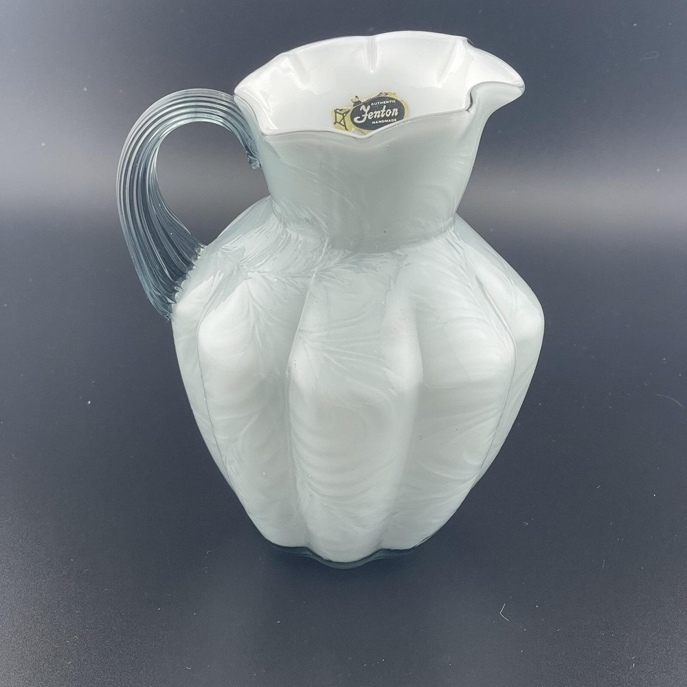 Vintage Fenton Glass Federal Blue (Gray) on White Overlay 5 5/8" Pitcher Feather